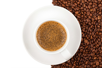 Coffee beans and cup background