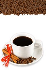 Coffee beans and cup background