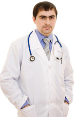 A doctor with a stethoscope on a white background.