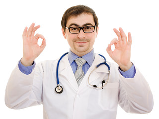 A doctor with a stethoscope and glasses gesture shows okay