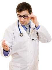 Fototapeta premium The doctor man holding a container of vitamins