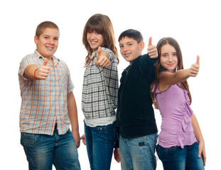 Fototapeta premium Group of happy teenage friends holding thumbs up