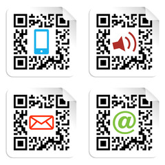 Social media icons set with QR code sign label.