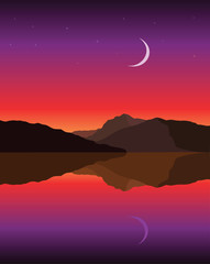 sunset with moon and stars on the lake