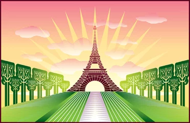 Tableaux ronds sur aluminium Doodle paysage avec Paris Tour Eiffel