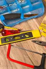 Working tools on a board, a close up