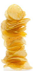 Stack of potato chips on a white background