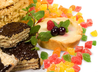 cake , candied fruit , mint and chocolate