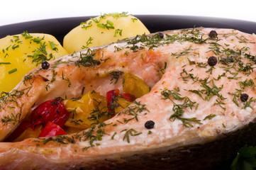 Fried salmon with grilled vegetable and boiled potato