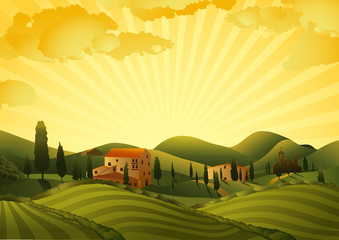 Plakaty  Wiejski krajobraz z polami i wzgórzami