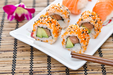 Group of sushi rolls on a white plate