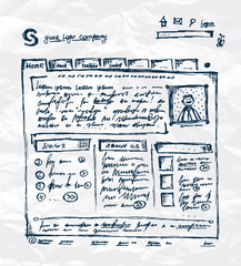 Hand drawing template of website on paper sheet