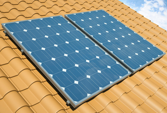 Solar panels on the roof. 3D render.