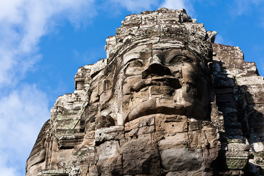Detail of giant stone head statue at Angkor Wat