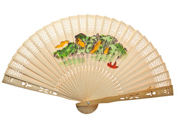 Oriental wooden chinese fan isolated on white background