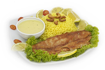  Plate with roasted fish, wild rice garnish