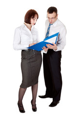 Business couple with a folder for documents in the studio