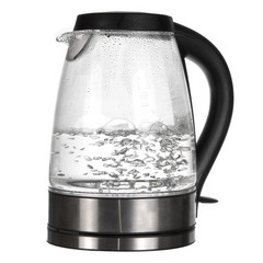 Tea kettle with boiling water isolated on white