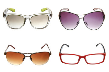 set of different sunglasses isolated on white