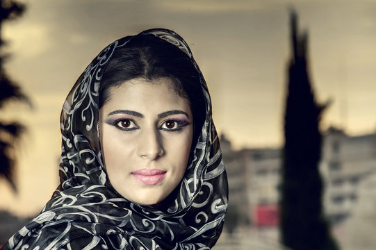 beautiful arabian lady wearing traditional islamic outfit