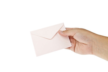 Fototapeta premium Pink envelop with hand isolated on white background