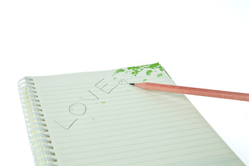 Pencil and notebook with LOVE isolated on white background
