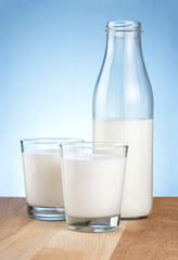 Half Milk bottle and two glass is wooden table on a blue backgro