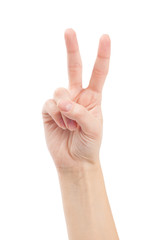 Hand with two fingers up in the peace or victory symbol. Also th