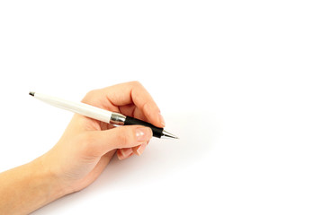 Closeup of a hand writing, on isolated on white background.