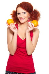 beautiful smiling ginger woman in red cloth with orange