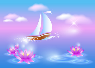 Sailing boat and violet lilies