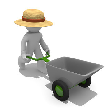 Gardener with a wheel barrow, 3d image