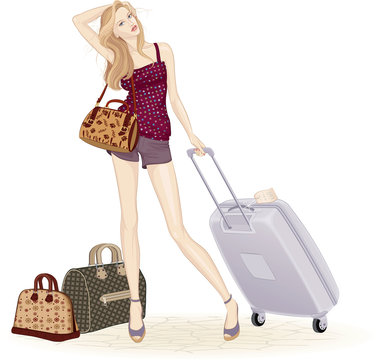 Beautiful young woman standing with suitcase and travel bags