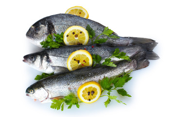 Fresh fishes with lemon, parsley and spice isolated on white