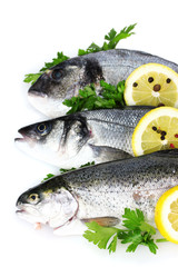 Fresh fishes with lemon, parsley and spice isolated on white