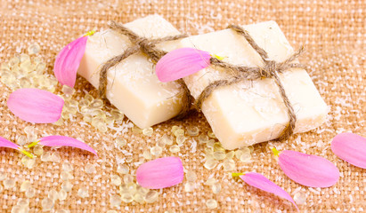 Hand-made herbal soap on sackcloth