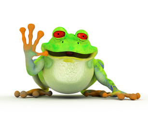 Happy smiling toon frog saying hi. On white
