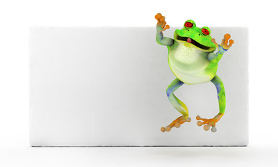 Happy frog jumping over a white banner