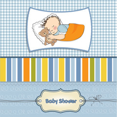 little baby boy sleep with his teddy bear toy. Baby shower card