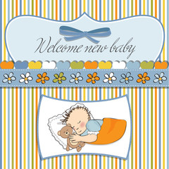 little baby boy sleep with his teddy bear toy. Baby shower card