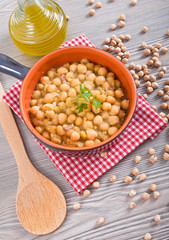 Chickpea soup in terracotta bowl. Zuppa di ceci.