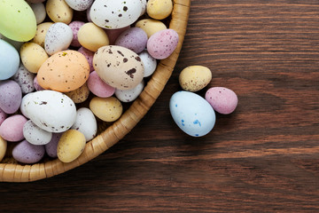 Speckled chocolate easter eggs in a basket