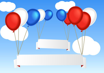 Group of flying air balloons with blank information banners
