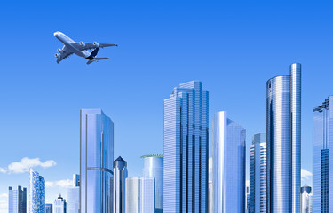 modern skyline with plane - 39768492