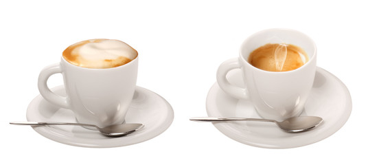 Caffè e cappuccino in tazza su sfondo bianco