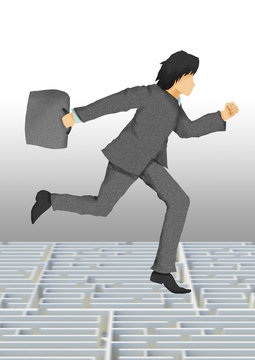 business man with briefcase running on maze