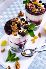 cream dessert with black currants and nuts