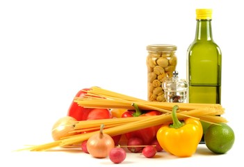 Fresh vegetables, pasta, spice  and oil