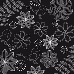 Cercles muraux Fleurs noir et blanc jolie fleur et oiseau