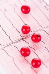 Cardiology. Macro of ECG graph and cardio pills